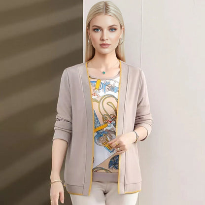 Damen Strickjacke mit Muster-Top Set Beige