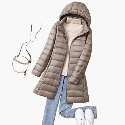 Damen Winter Steppmantel mit Kapuze – Leichter, langer Daunenmantel für Alltag & Outdoor