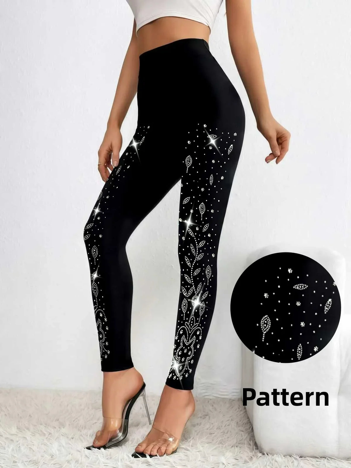 Schwarze Leggings mit Strass-Verzierung, hoher Bund