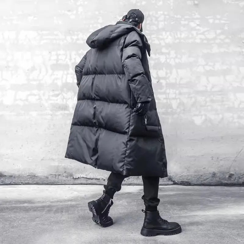 Unisex Langer Steppmantel Schwarz mit Kapuze Reißverschlüssen Winter