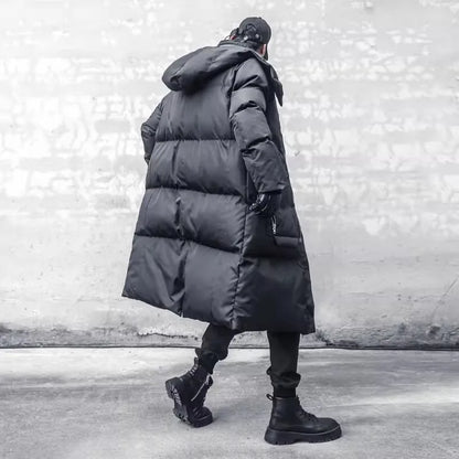 Unisex Langer Steppmantel Schwarz mit Kapuze Reißverschlüssen Winter