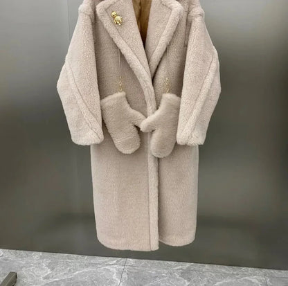 Damen Teddyfell Mantel lang mit Kapuze und Handschuhen