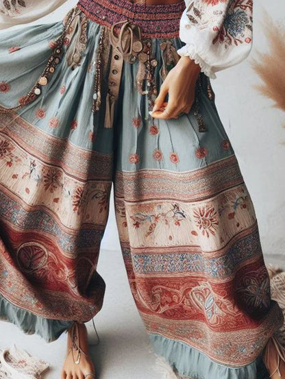 Damen Hippie Hose Boho Stil Weites Bein mit Paisley & Blumenmuster Türkis Rot