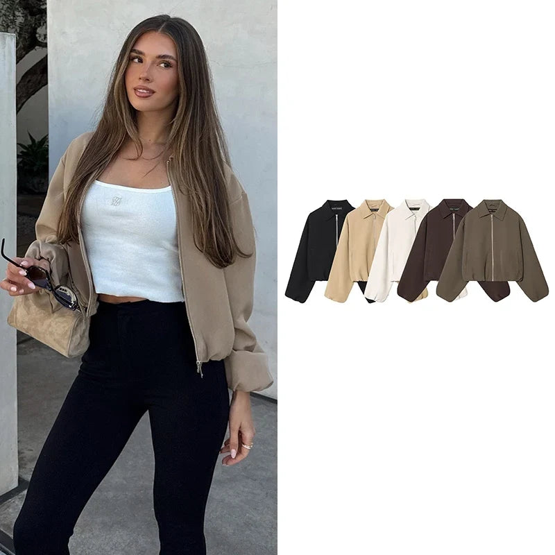Damen Kurzjacke mit Reißverschluss und Kragen Oversized
