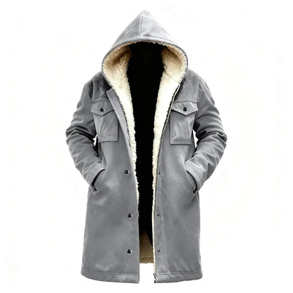 Herren Winterjacke mit Kapuze und Teddyfutter, lang, warm, Schwarz