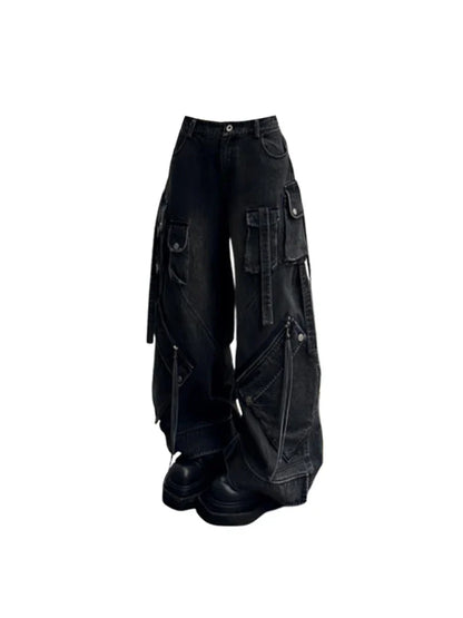 Weite Cargo Hose Damen Baggy Jeans Schwarz Grau mit Mehreren Taschen