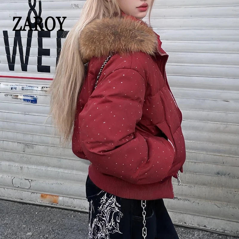 Damen Steppjacke mit Kapuze und Druckknöpfen, Winterjacke gefüttert