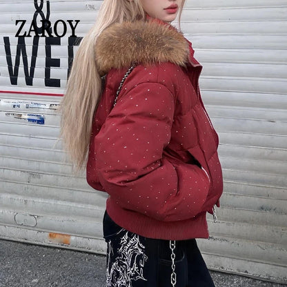 Damen Steppjacke mit Kapuze und Druckknöpfen, Winterjacke gefüttert
