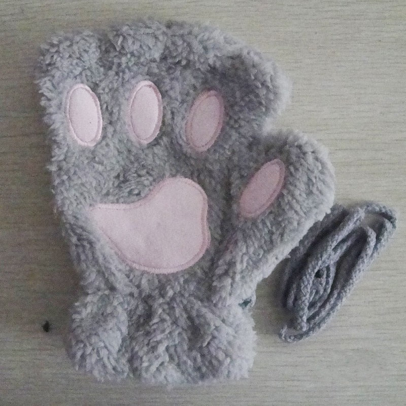 Fingerlose Plüschhandschuhe mit Pfotenmotiv und Kordel Rosa