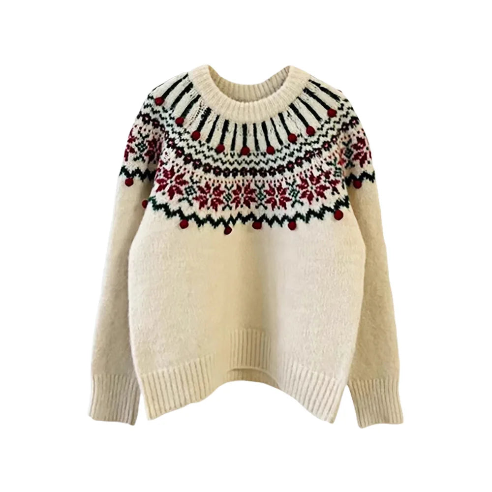 Damen Pullover Fair Isle Muster Zopfstrick Optik Rot Creme