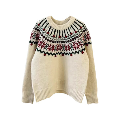 Damen Pullover Fair Isle Muster Zopfstrick Optik Rot Creme