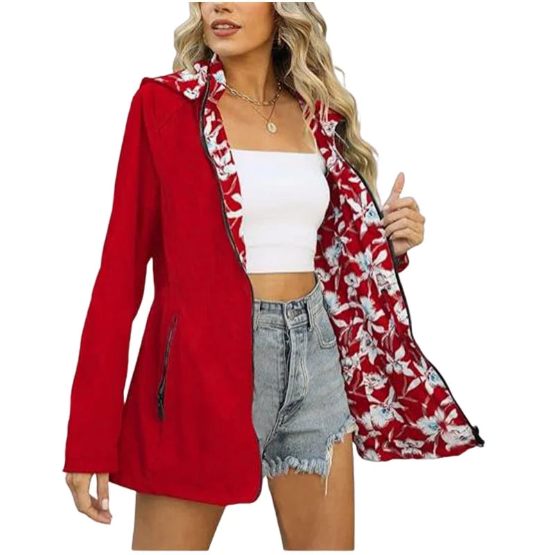 Damen Übergangsjacke mit Kapuze und Blumenmuster-Innenfutter Hellblau