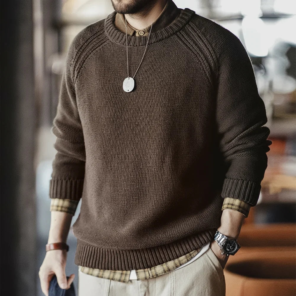 Herren Rundhals Strickpullover Braun Langarm