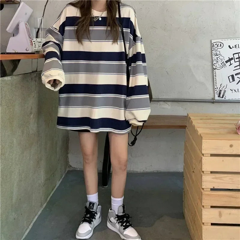 Gestreiftes Langarmshirt Damen Oversized Passform