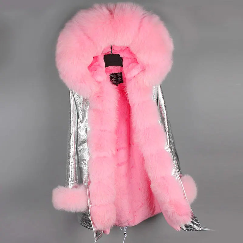 Damen Winterparka mit Kapuze & Pelzimitat-Futter in Rosa