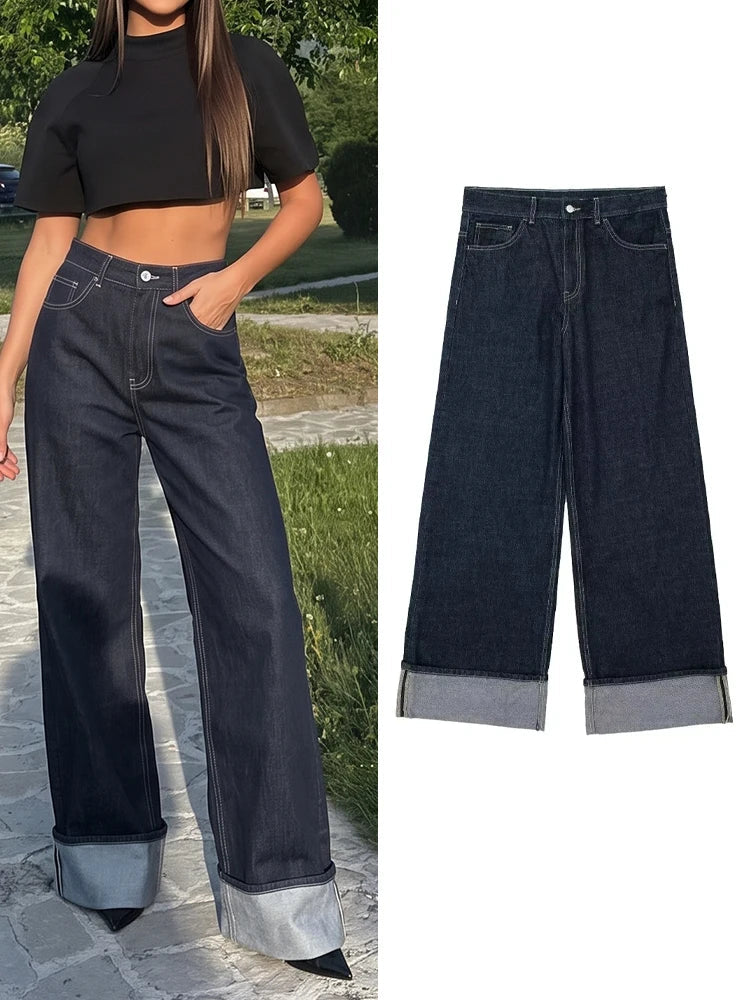 Damen Jeans Wide Leg Dunkelblau mit Krempelbund High Waist