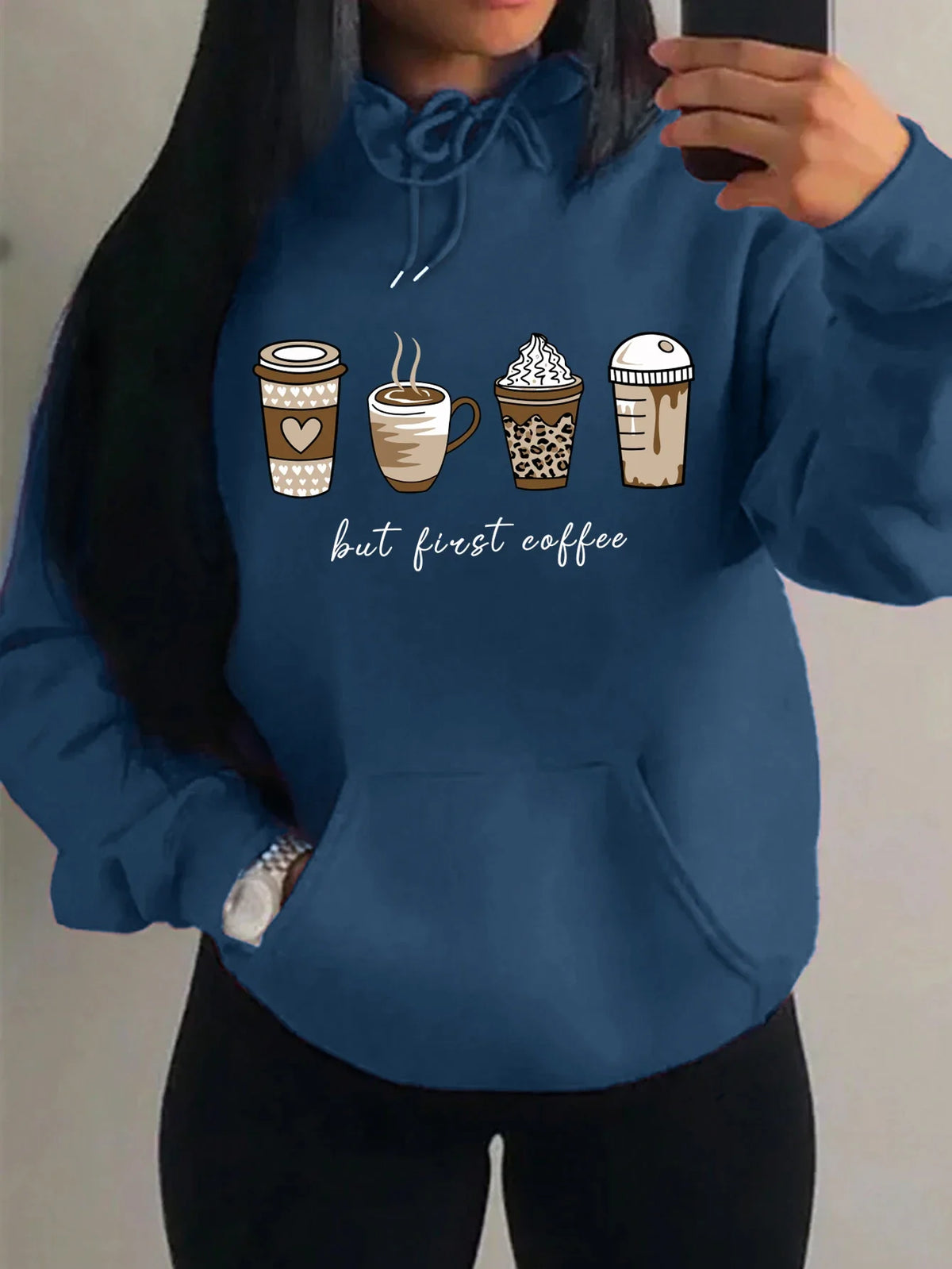 Damen Hoodie "But First Coffee" mit Kaffeetassen-Print Kapuzenpullover