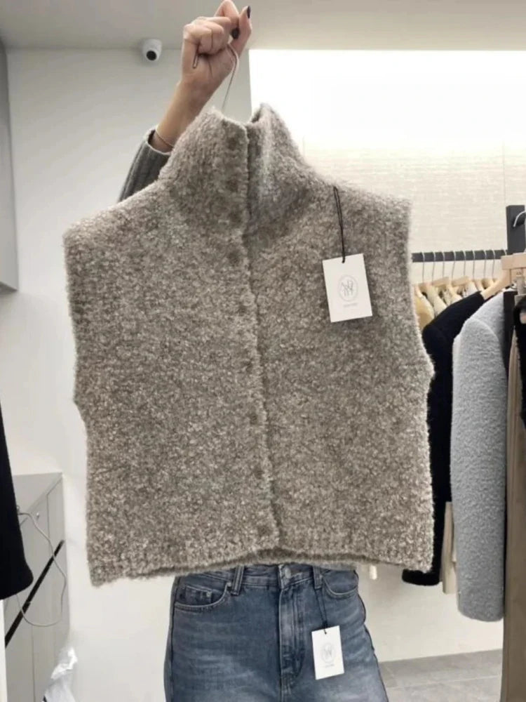 Damen Ärmellose Strickweste mit Stehkragen Bouclé-Optik