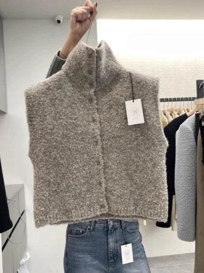 Damen Ärmellose Strickweste mit Stehkragen Bouclé-Optik