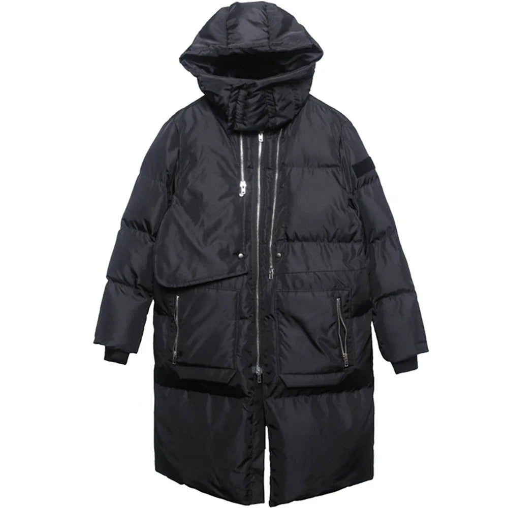 Unisex Langer Steppmantel Schwarz mit Kapuze Reißverschlüssen Winter