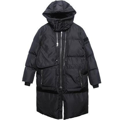Unisex Langer Steppmantel Schwarz mit Kapuze Reißverschlüssen Winter