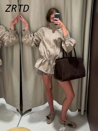 Damen Jacke mit Ballonärmeln, Tunnelzug und Stehkragen, Beige