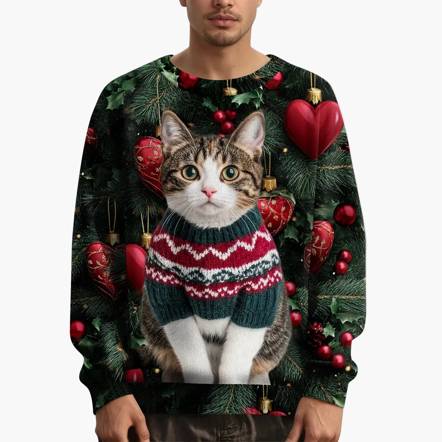 Herren Weihnachts-Sweatshirt mit Katzenmotiv – Lustiger Pullover für die Festtage und Winterzeit