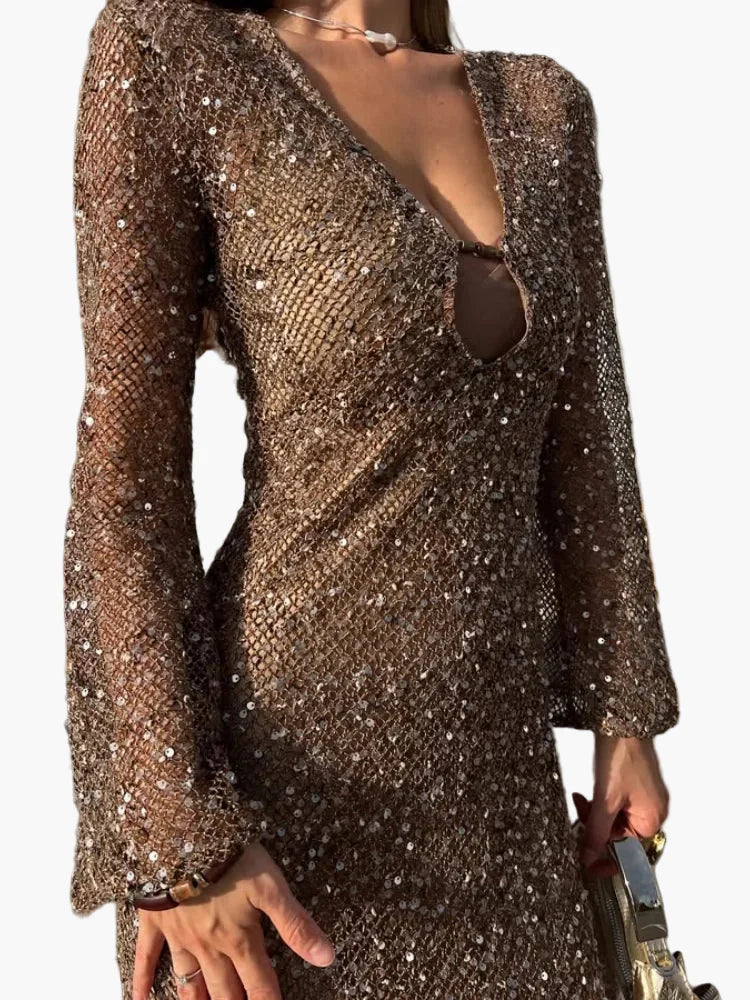 Damen Paillettenkleid Abendmode mit tiefem Ausschnitt und figurbetontem Schnitt – Perfektes Partykleid