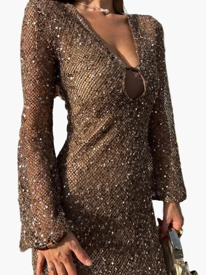 Damen Paillettenkleid Abendmode mit tiefem Ausschnitt und figurbetontem Schnitt – Perfektes Partykleid