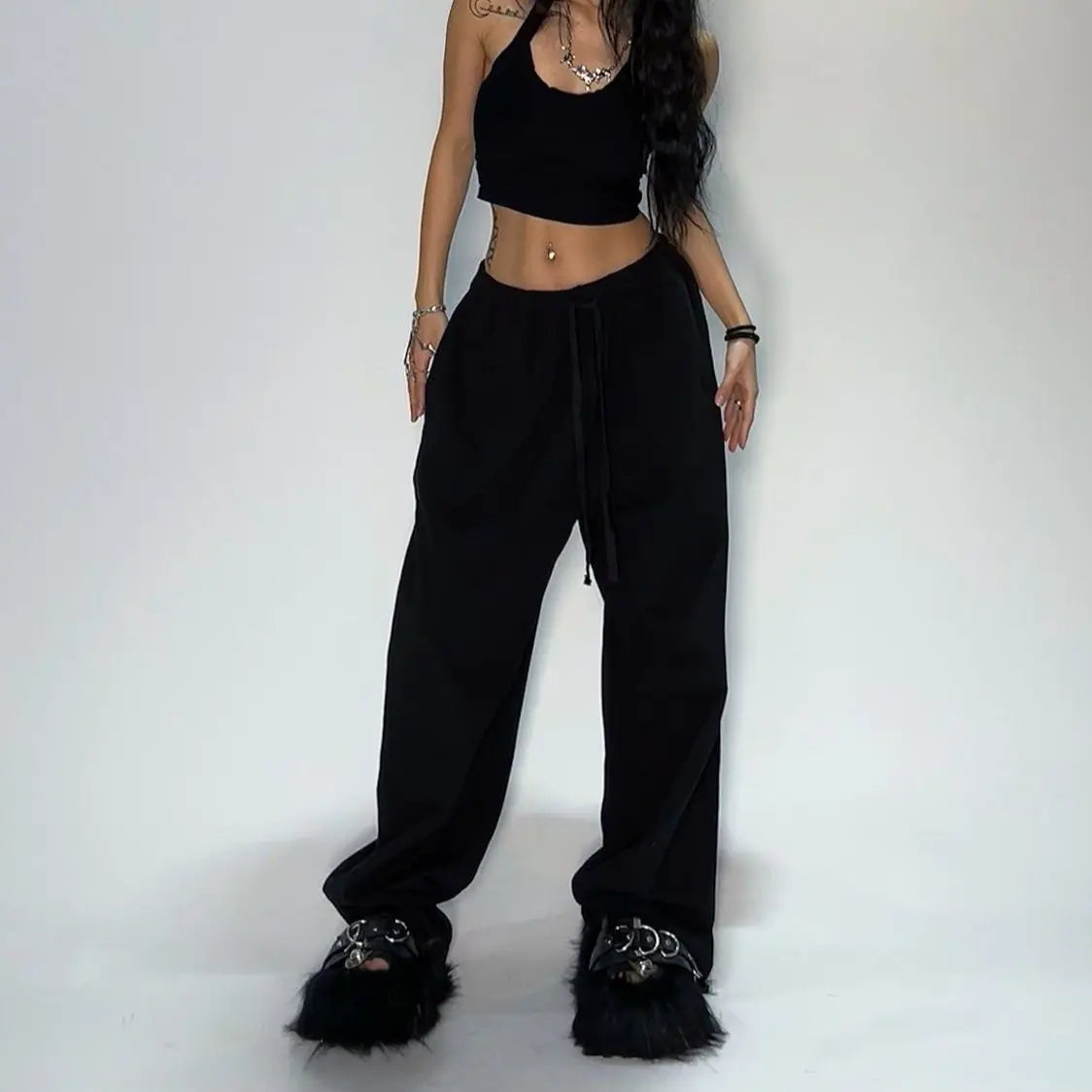 Weite Sweatpants Hose Damen Grau mit Seitenstreifen Kordelzug