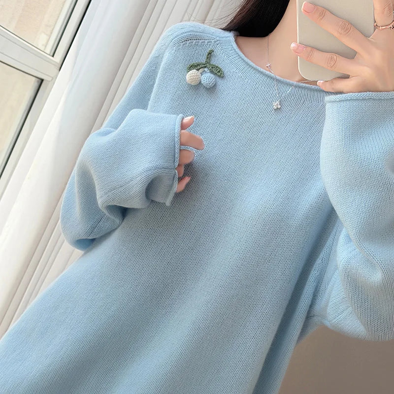 Damen Pullover Langarm Rundhals mit Beeren-Applikation