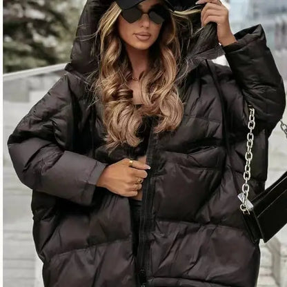 Damen Steppjacke mit Kapuze Oversize Schwarz