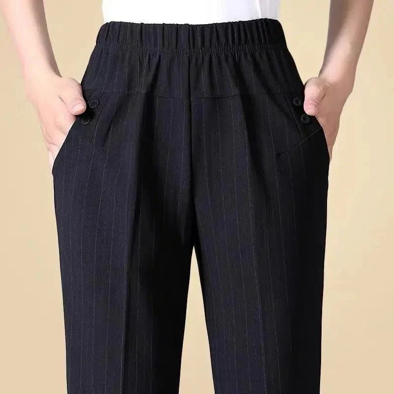 Damen Hose weites Bein Gummibund mit Knopftaschen Schwarz Kariert Gestreift Große Größen
