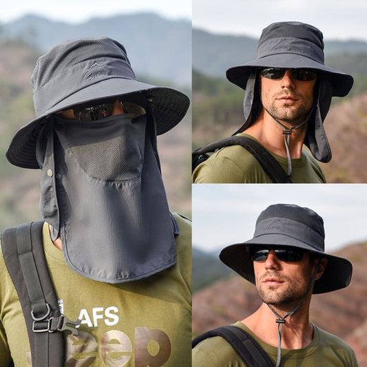 Unisex Outdoor Sonnenhut mit Nackenschutz & Gesichtsmaske, breitkrempig, atmungsaktiv