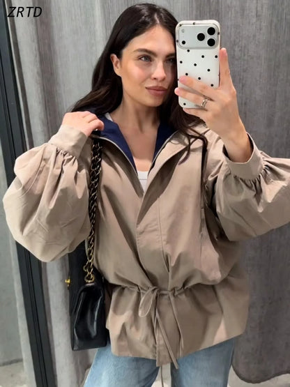 Damen Jacke mit Ballonärmeln, Tunnelzug und Stehkragen, Beige