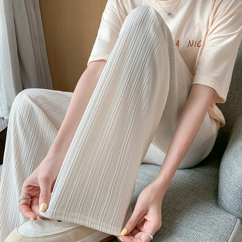 Damen Plissee Hose Weites Bein Hoher Bund Elastisch