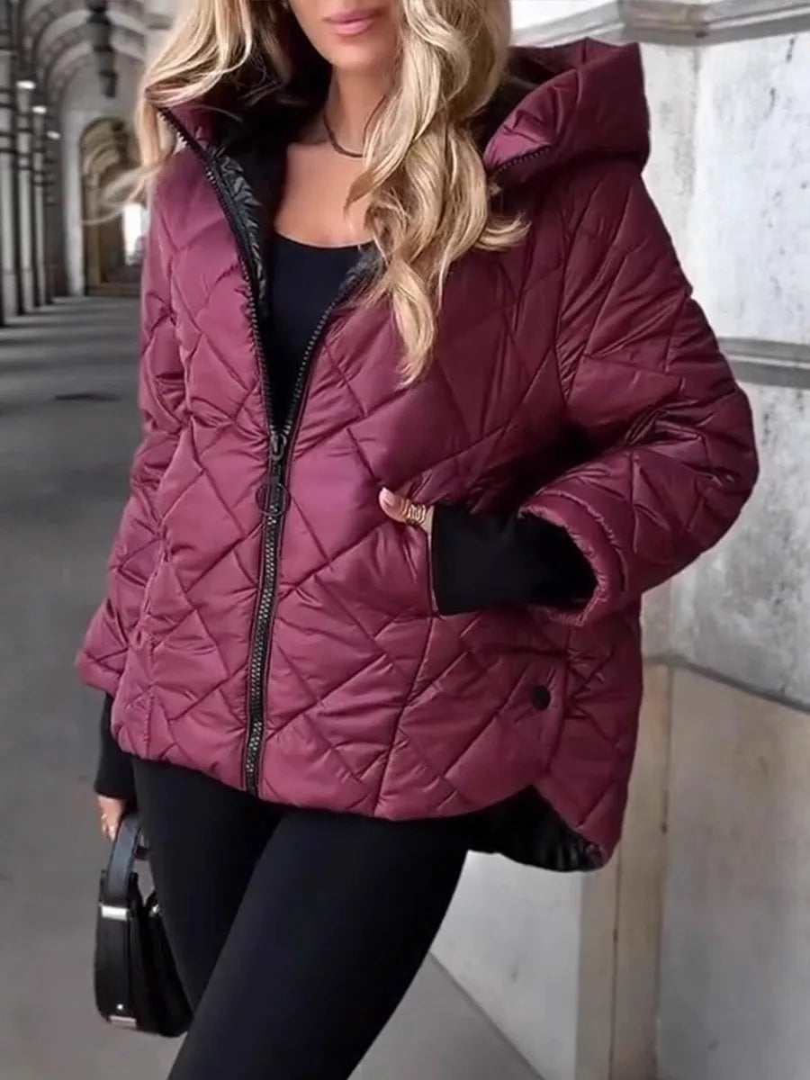 Damen Steppjacke mit Kapuze Rautenmuster Reißverschluss Bordeauxrot