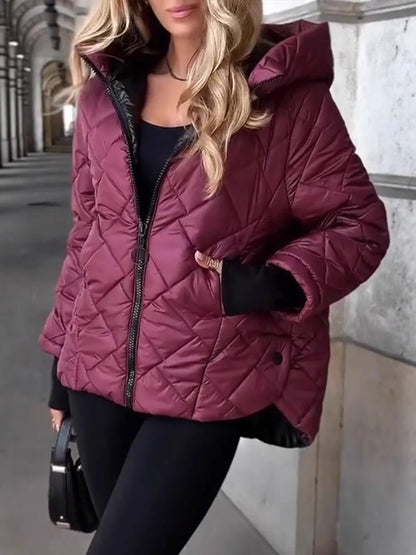 Damen Steppjacke mit Kapuze Rautenmuster Reißverschluss Bordeauxrot