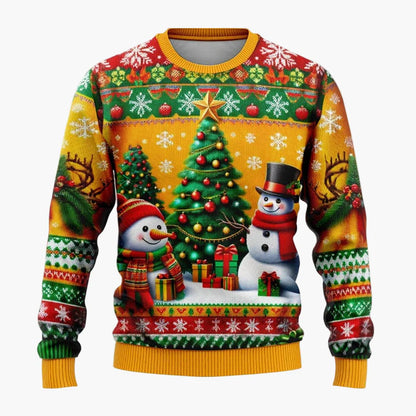 Herren & Kinder Weihnachtspullover – Lustiger Santa & Schneemann, Winterlicher 3D Ugly Christmas Sweater
