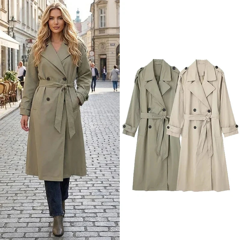 Damen Trenchcoat Lang mit Gürtel Zweireihig Khaki/Grün