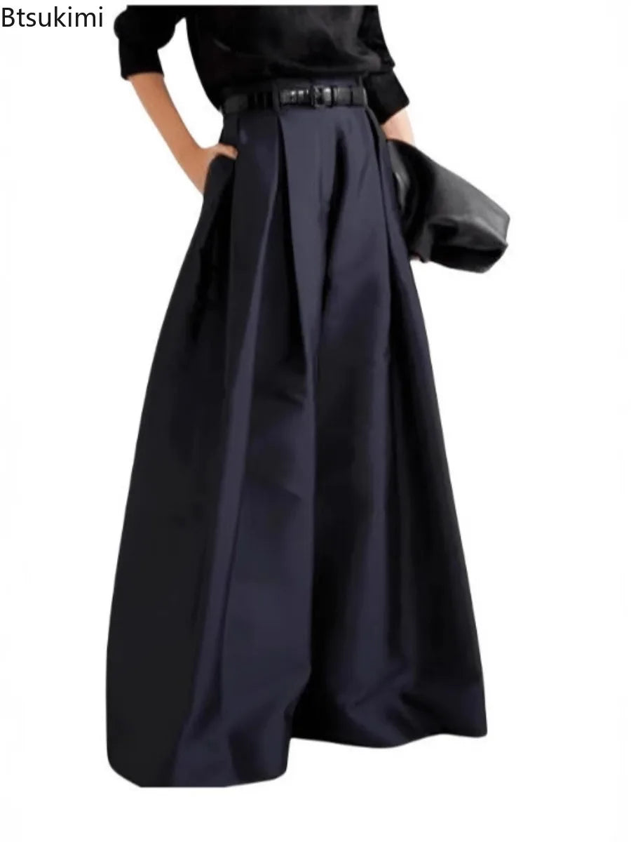 Damen Weite Hose High Waist Plissee Palazzo Hose mit Gürtel