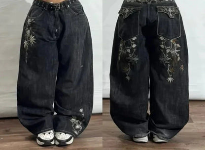 Loose Fit Jeans Damen Weite Bein Sakura-Stickerei Zerrissenes Design