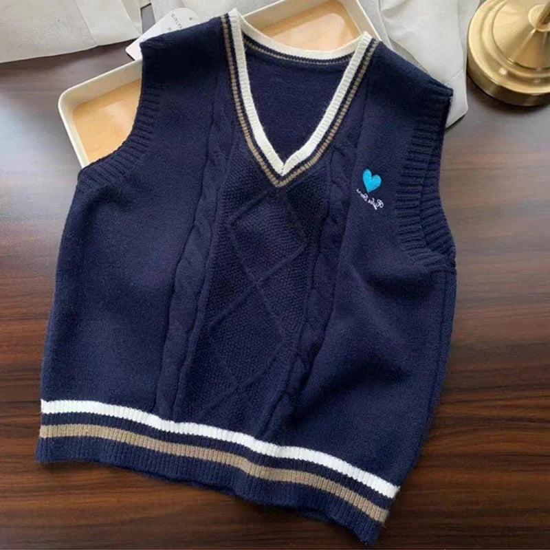 Strick Weste Damen V-Ausschnitt Zopfmuster College-Stil Ärmelloser Pullover