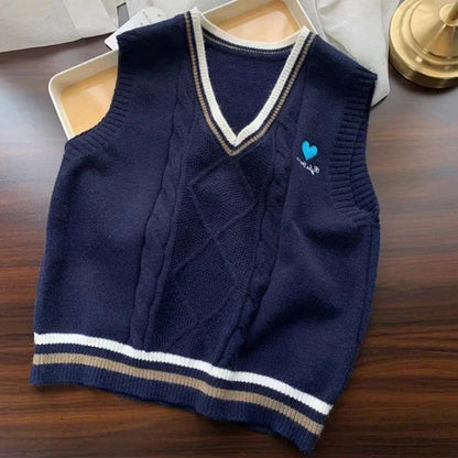 Strick Weste Damen V-Ausschnitt Zopfmuster College-Stil Ärmelloser Pullover