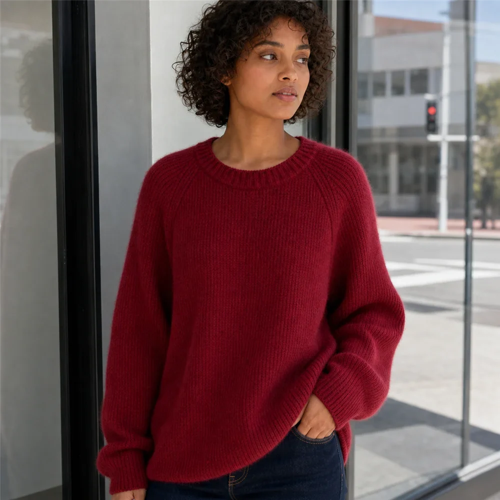 Damen Oversize Rippstrick Pullover Rundhals