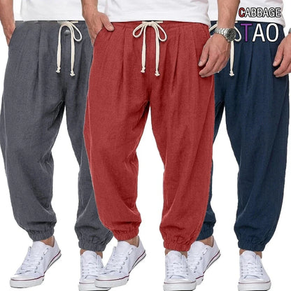 Freizeithose Herren Leinen-Optik Kordelzug lockere Passform Elastikbund