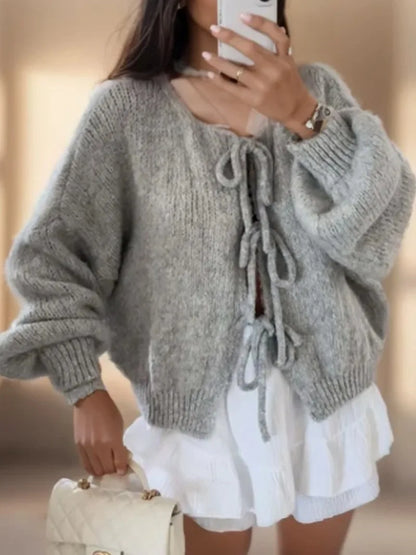 Damen Strickjacke mit Bindebändern – Grobstrick Cardigan