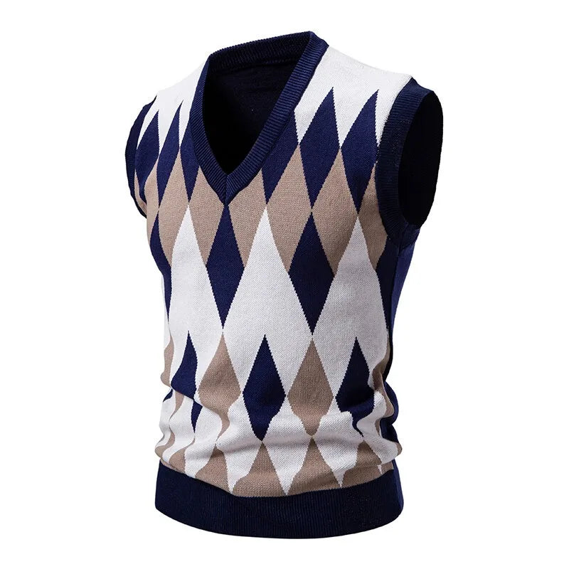 Herren Argyle Strickweste V-Ausschnitt Ärmellose Pullover Weste