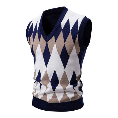 Herren Argyle Strickweste V-Ausschnitt Ärmellose Pullover Weste