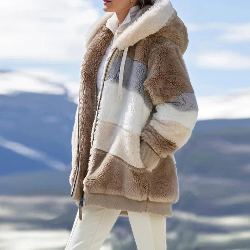 Damen Teddyfell Jacke mit Kapuze Reißverschluss Mehrfarbig Blockstreifen Winter